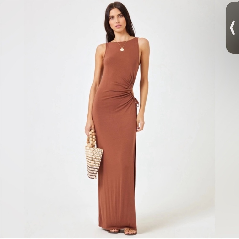 Sleeveless Brown Ruched Side Maxi Dress